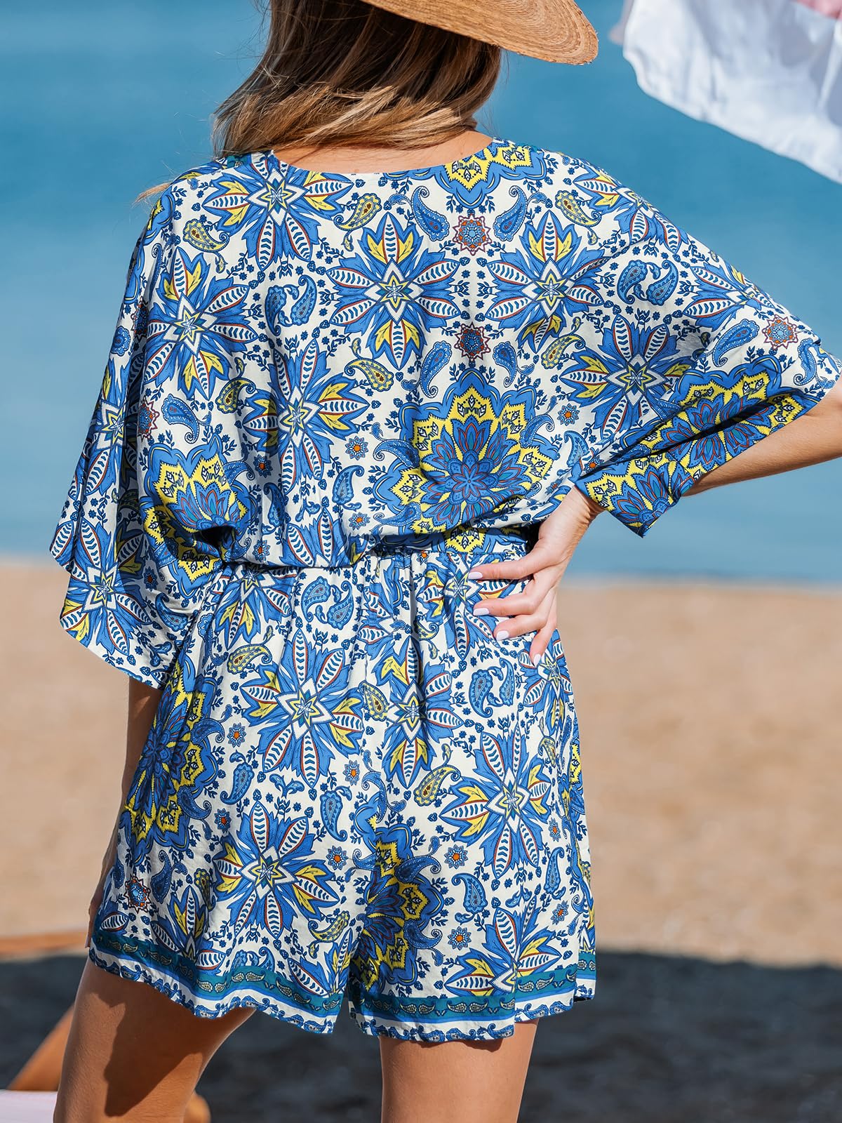✨Women's Lace Up Print Romper Short Sleeves Jumpsuits Wide leg Outfit