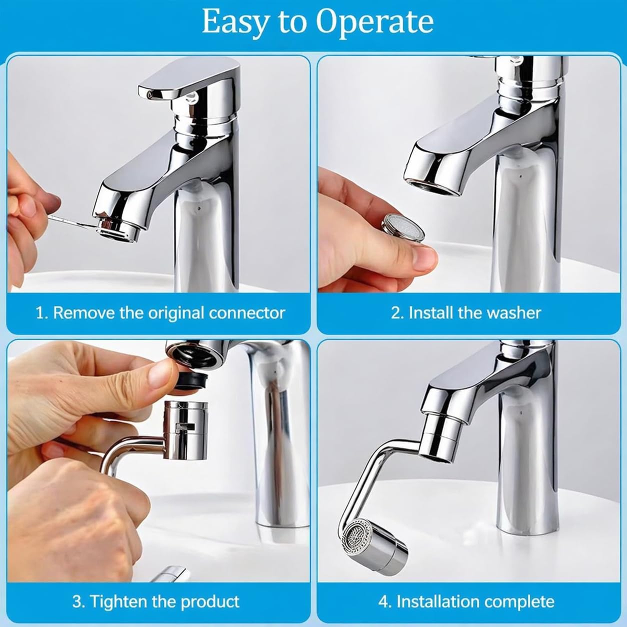 U Shape Faucet Extender - 360° Rotatable Universal Faucet Aerator Extension Attachment for Bathroom Sink & Kitchen Sink, Splash-Free Dual-Mode Flow, Easy Install with Adapters