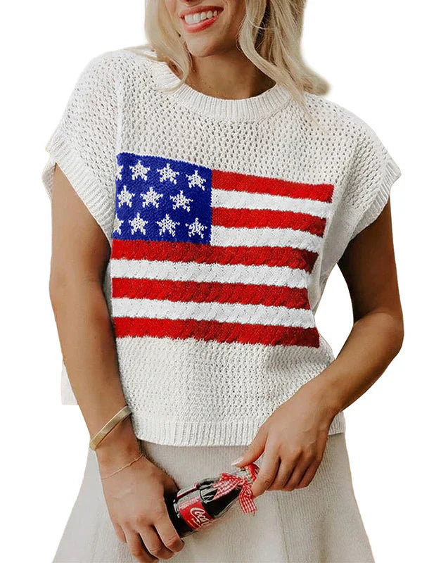 Limited time saleš„Flag Graphic Short Sleeve Hollow Out Top