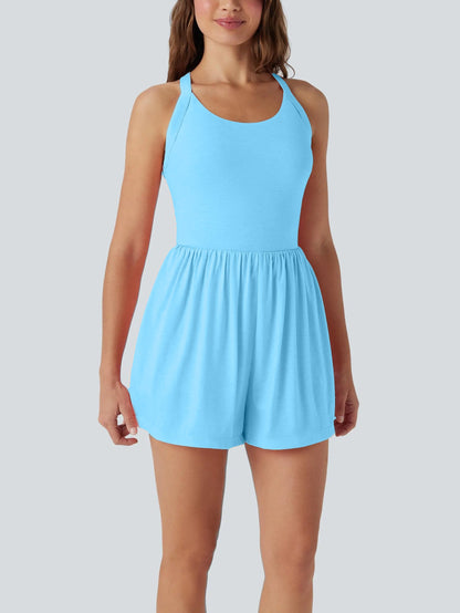 2-in-1 Built-in Shorts Romper, Backless Twist Side Pocket Casual Resort Jumpsuit