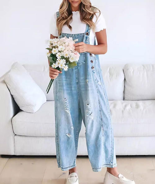 ⏰Hot Sale-Women's Cute Casual Button Jumpsuit Ripped Denim Overalls