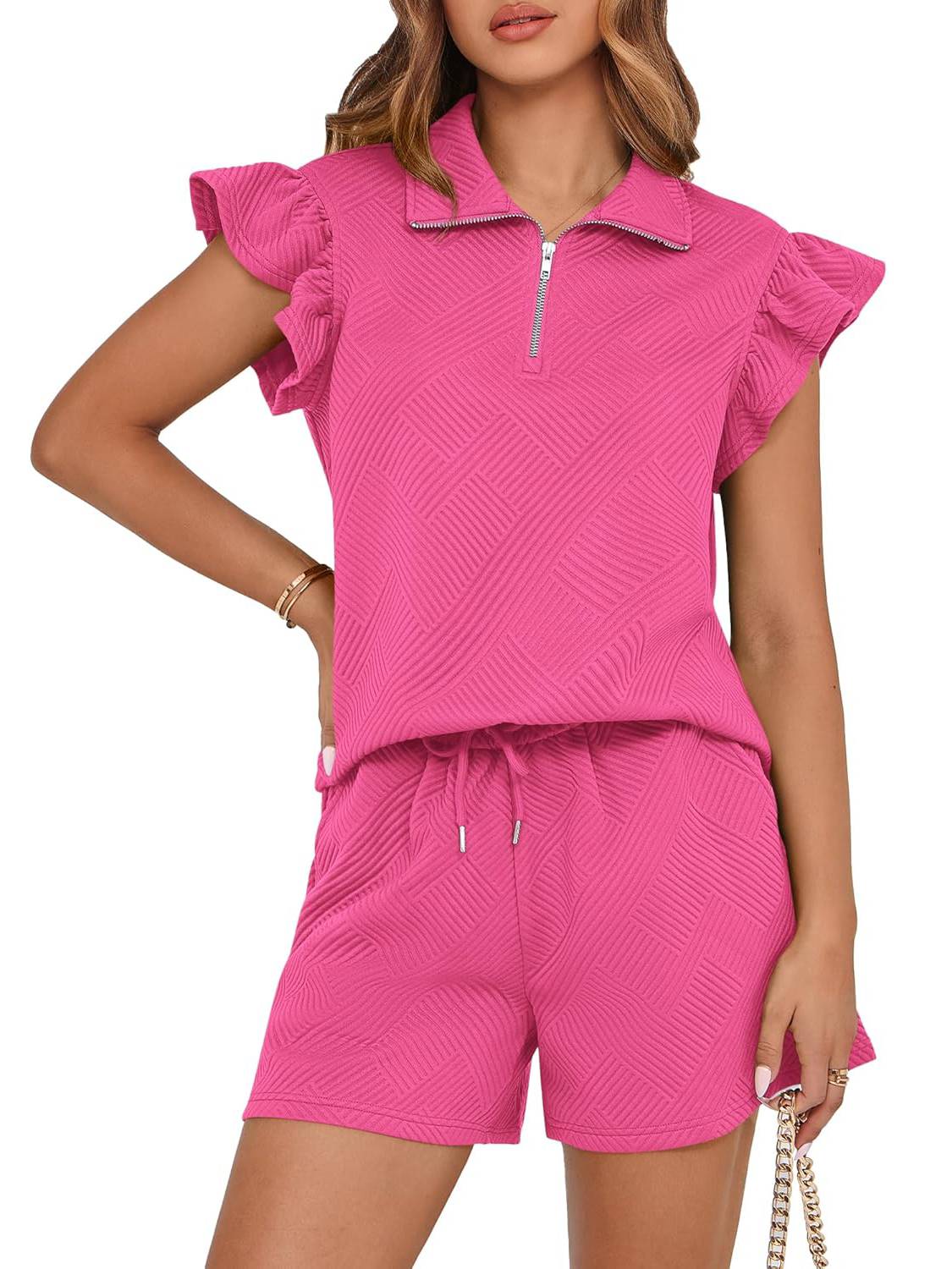 ✨2025 New Women's Zipper V Neck Casual Ruffle Short Sleeve Tops and Drawstring Shorts 2 Piece Outfits