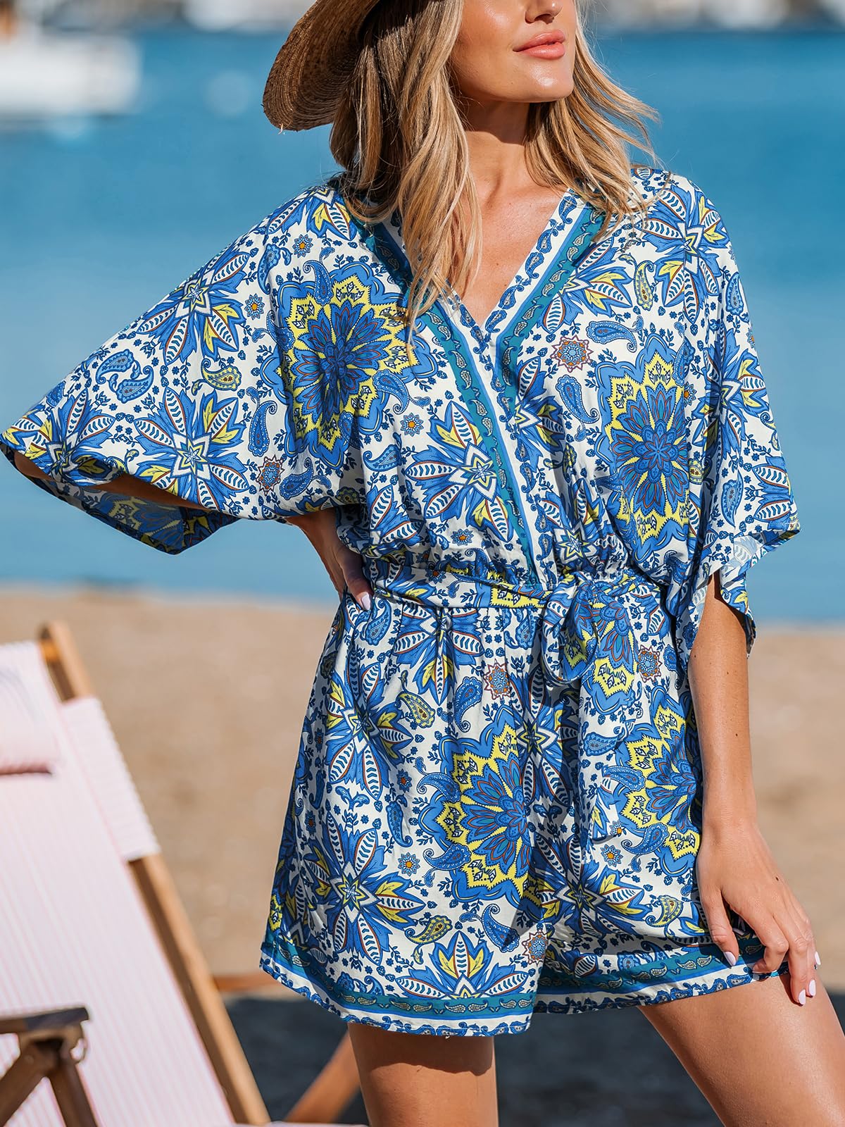 ✨Women's Lace Up Print Romper Short Sleeves Jumpsuits Wide leg Outfit
