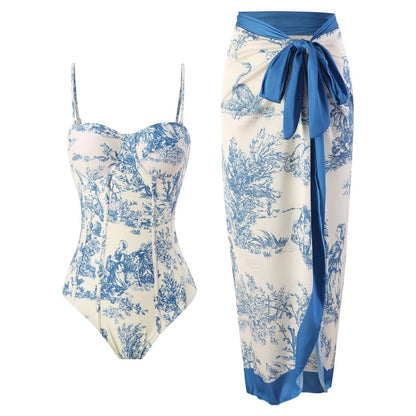 Women Adjustable Shoulder Strip Plant Prints One Piece Swimsuit and Skirt/Sarong