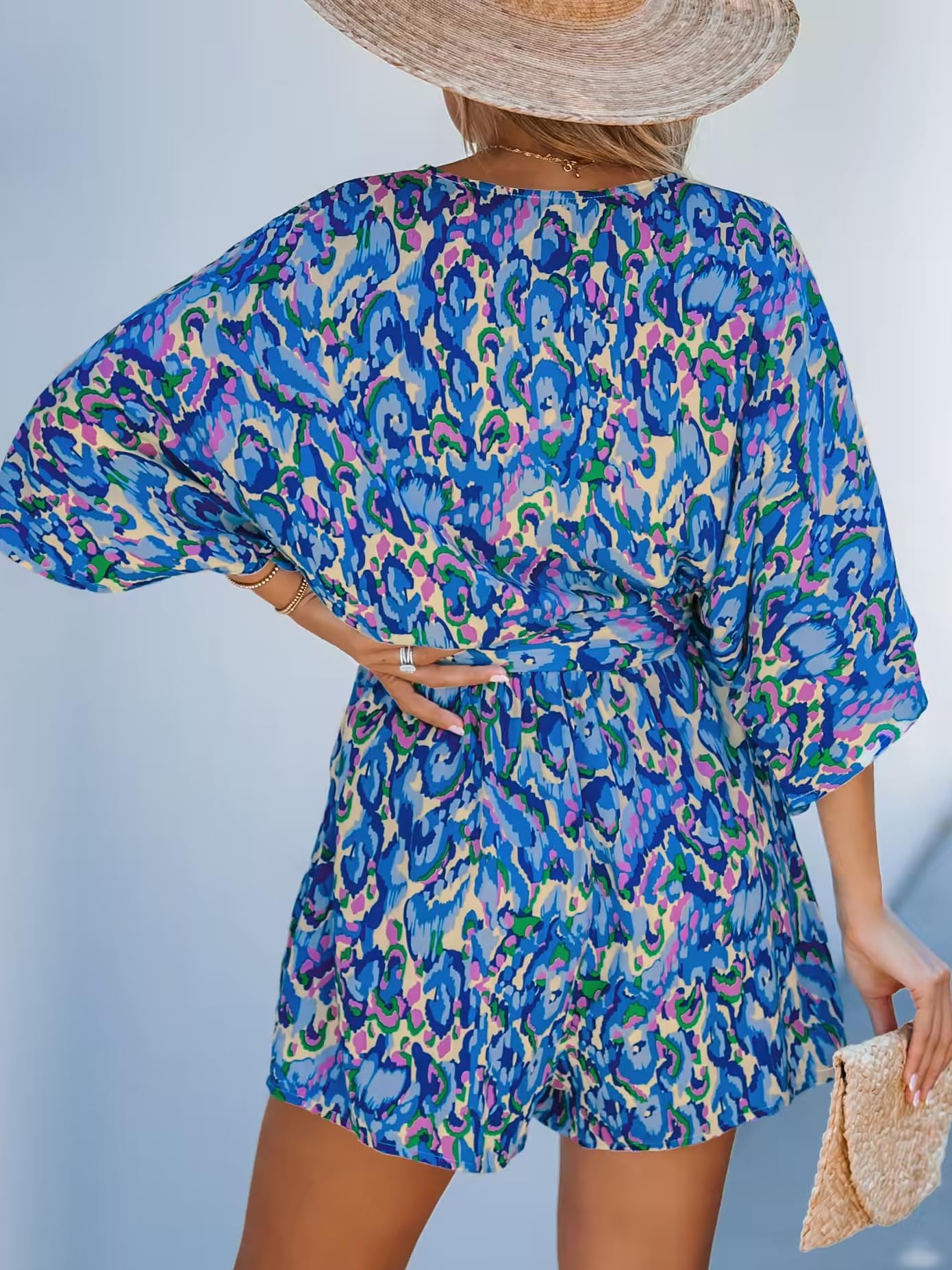 ✨Women's Lace Up Print Romper Short Sleeves Jumpsuits Wide leg Outfit