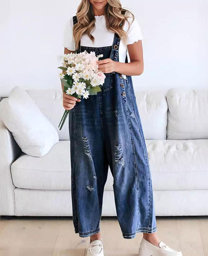 ⏰Hot Sale-Women's Cute Casual Button Jumpsuit Ripped Denim Overalls