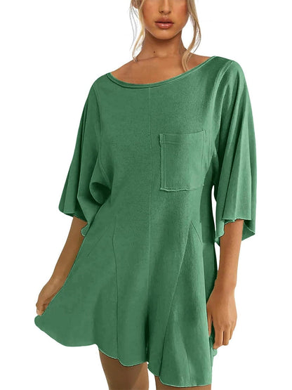 ⏰Hot Sale-Women's Short Sleeve Loose Ruffled Short Romper Dress with Pocket