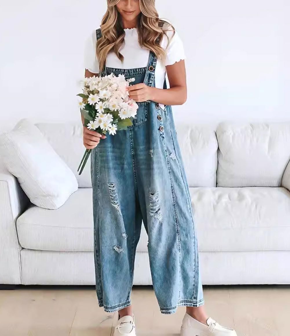 ✨Loose Fit Adjustable Strap Distressed Denim Bib Overalls