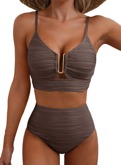 ⏰Hot Sale-Women's U-Wire Cutout Swimsuit High Waisted Textured 2 Piece Bikini Set