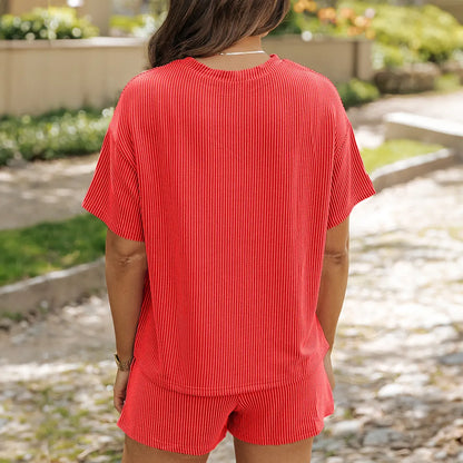 Two Piece Ribbed Short Sleeve Matching Set With Pockets For Women