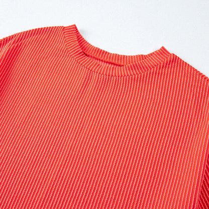 Two Piece Ribbed Short Sleeve Matching Set With Pockets For Women