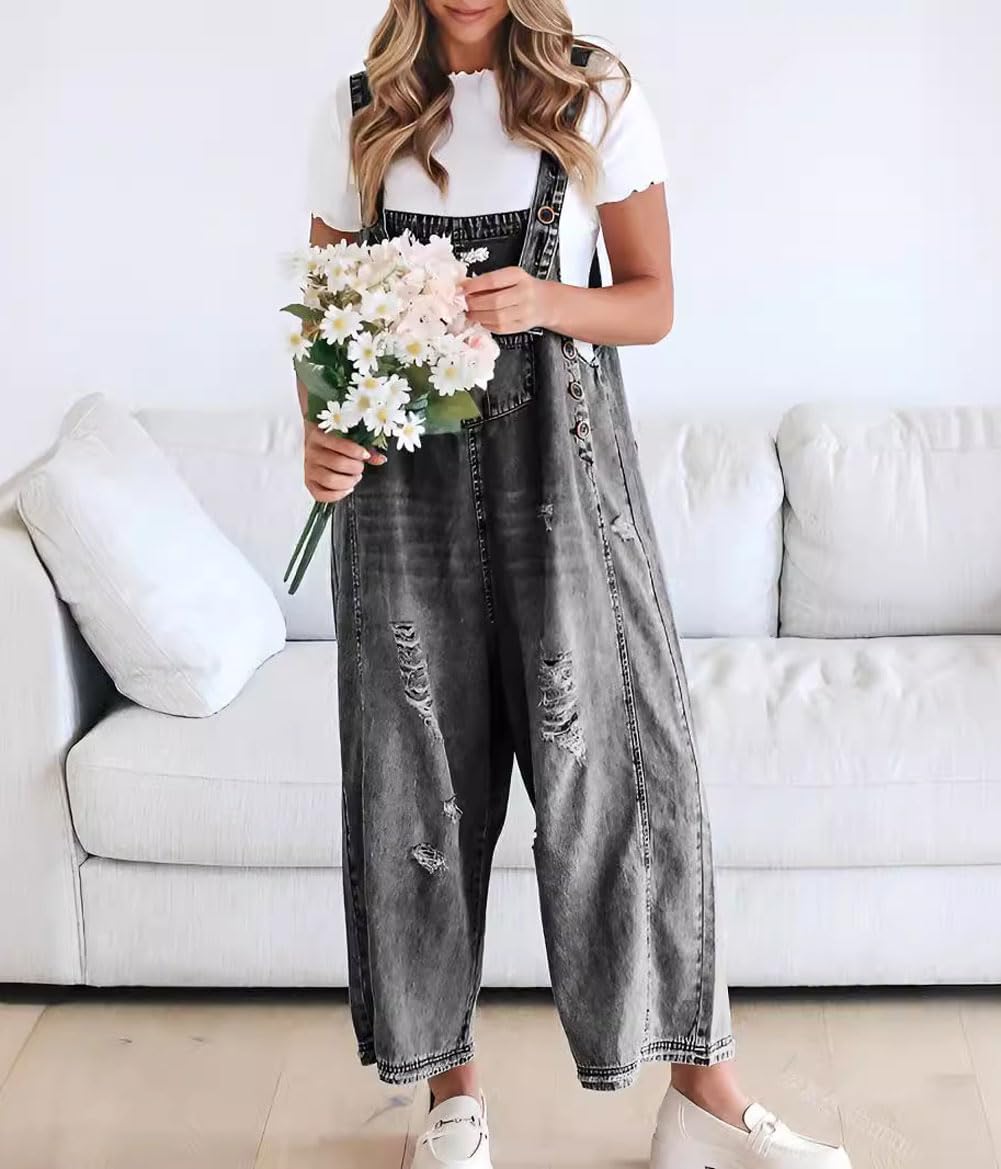⏰Hot Sale-Women's Cute Casual Button Jumpsuit Ripped Denim Overalls
