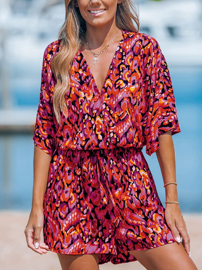 ✨Women's Lace Up Print Romper Short Sleeves Jumpsuits Wide leg Outfit