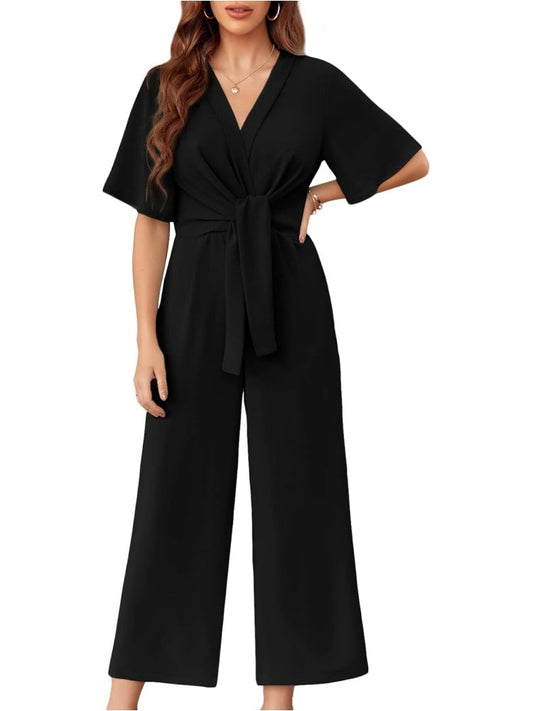 Limited time sale🔥Womens Short Sleeve Tie Knot Front Wide Leg Jumpsuits
