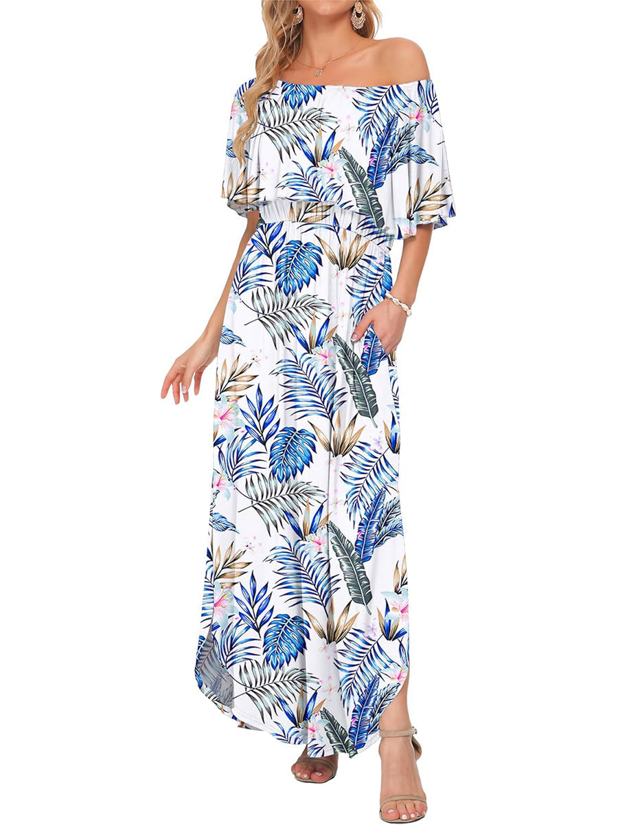 Limited time sale🔥Women's Off-Shoulder Floral Maxi Dress with Pockets & Side Slit