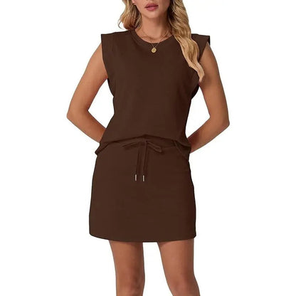 Limited time sale🔥Women's Summer 2 Piece Skort Set Cap Sleeve Round Neck Top