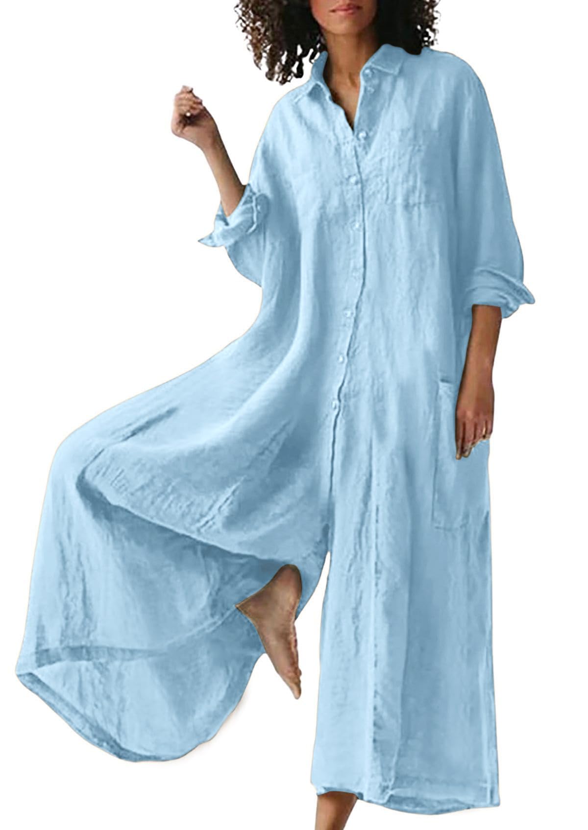 ⏰Hot Sale-Women's Linen Button Down Long Sleeve Wide Leg Jumpsuit