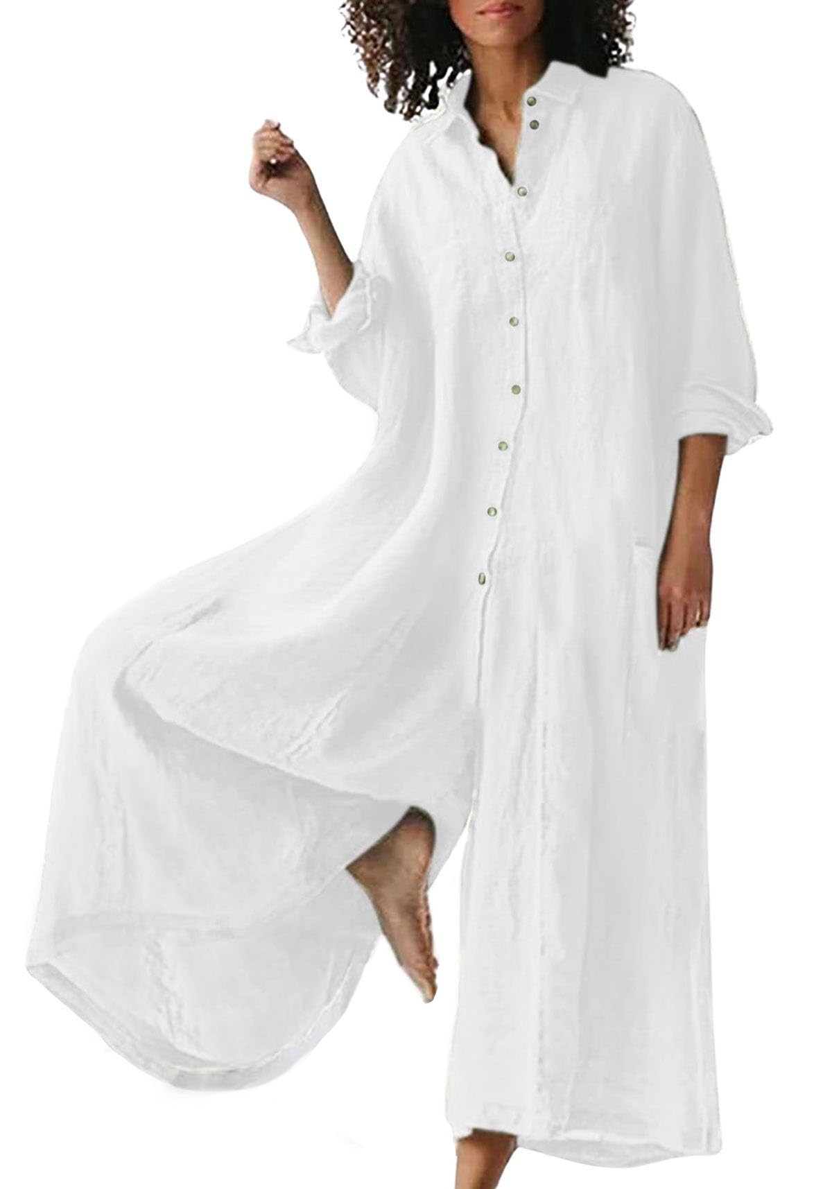 ⏰Hot Sale-Women's Linen Button Down Long Sleeve Wide Leg Jumpsuit