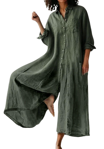 ⏰Hot Sale-Women's Linen Button Down Long Sleeve Wide Leg Jumpsuit