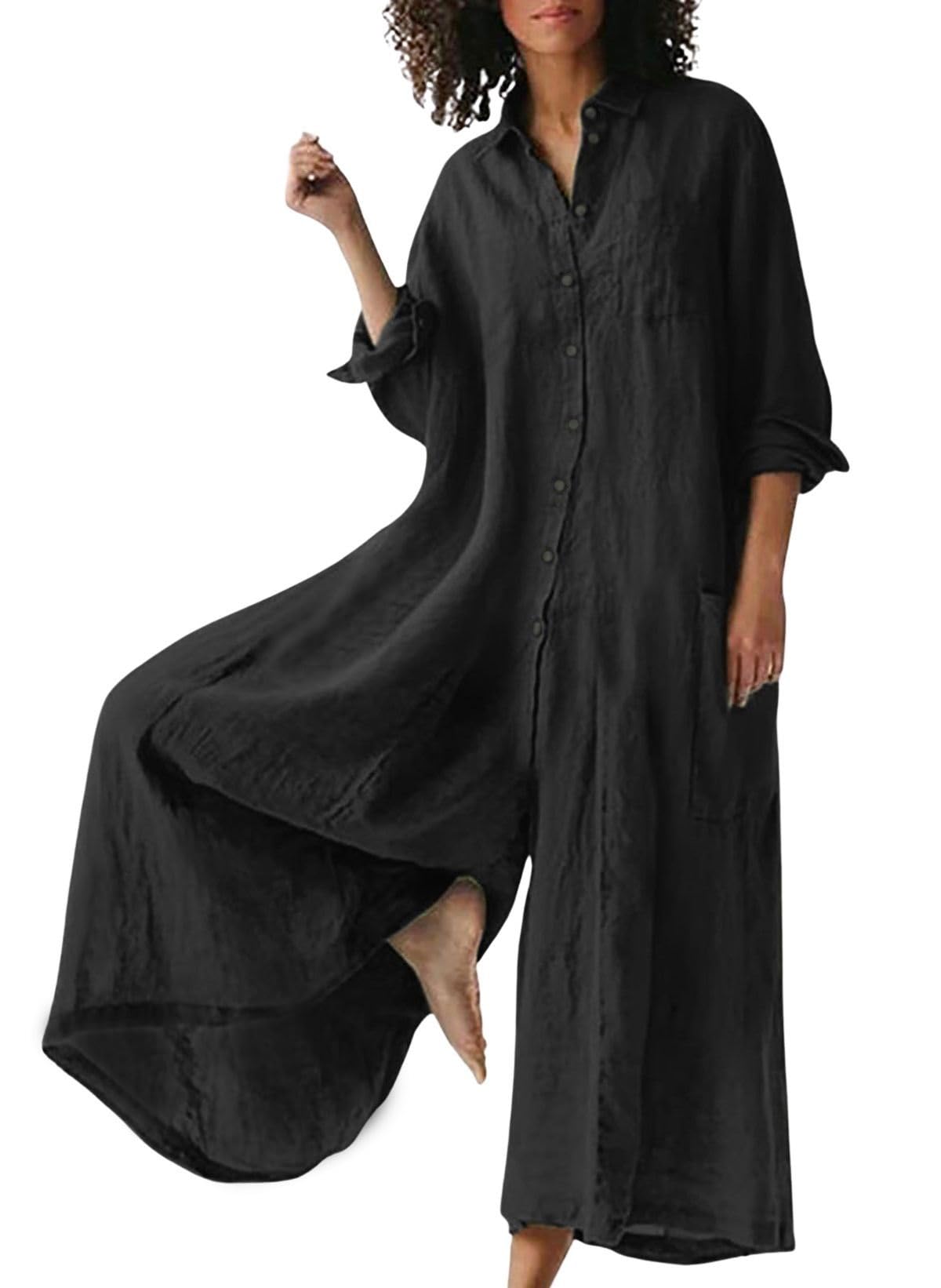 ⏰Hot Sale-Women's Linen Button Down Long Sleeve Wide Leg Jumpsuit