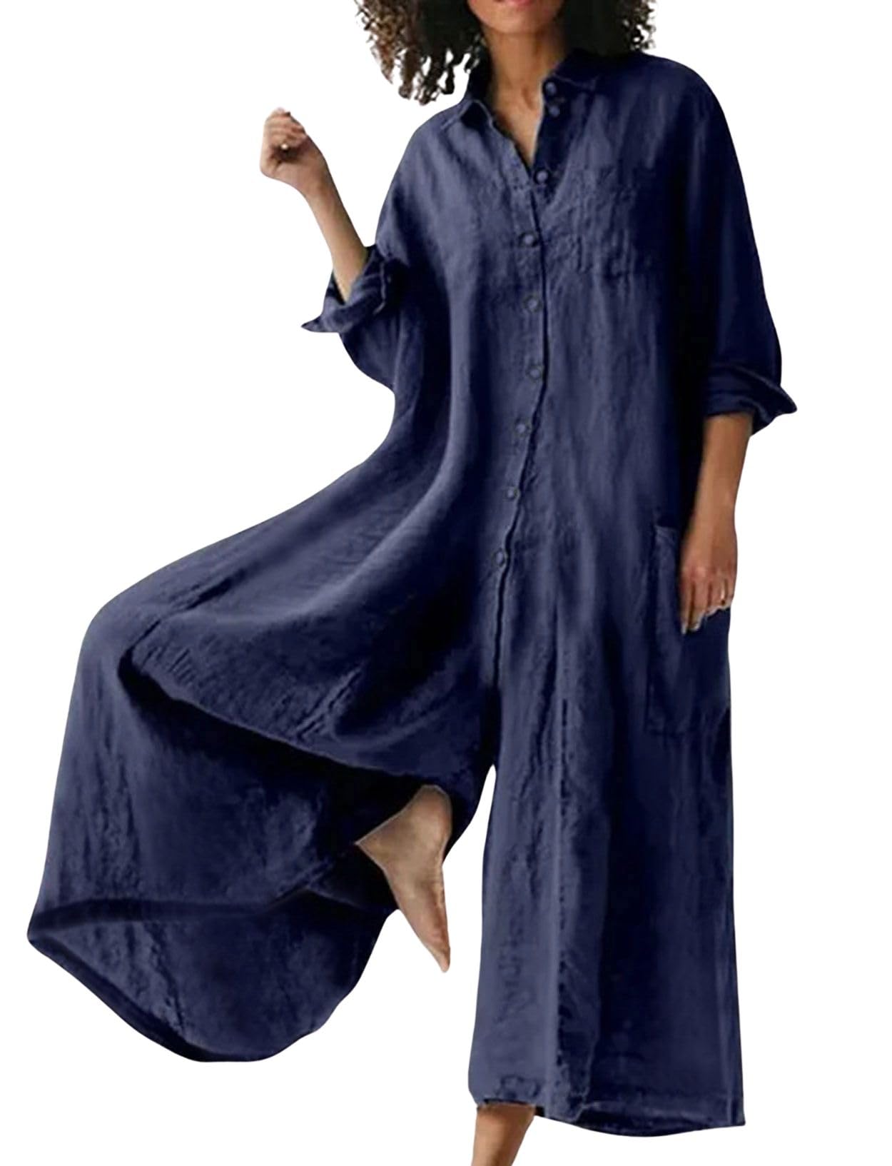 ⏰Hot Sale-Women's Linen Button Down Long Sleeve Wide Leg Jumpsuit