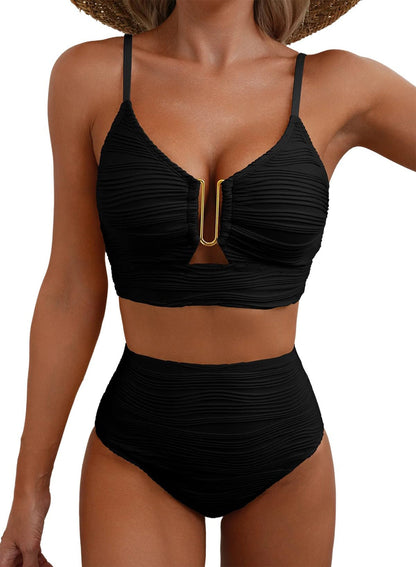 ⏰Hot Sale-Women's U-Wire Cutout Swimsuit High Waisted Textured 2 Piece Bikini Set