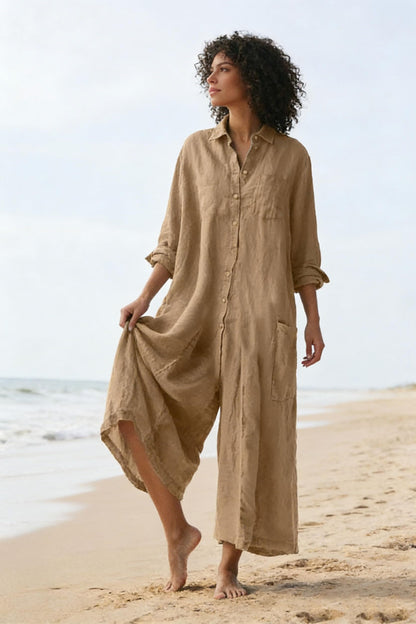 ⏰Hot Sale-Women's Linen Button Down Long Sleeve Wide Leg Jumpsuit