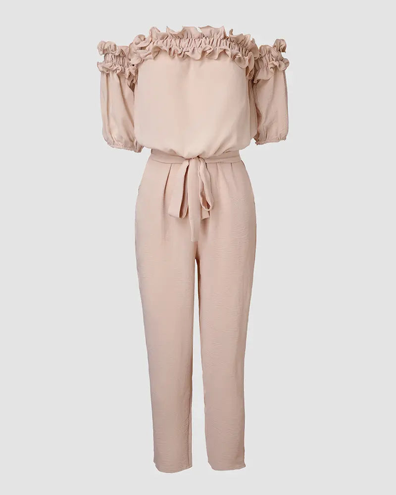 Womens Off Shoulder Frill Hem Tied Detail Jumpsuit