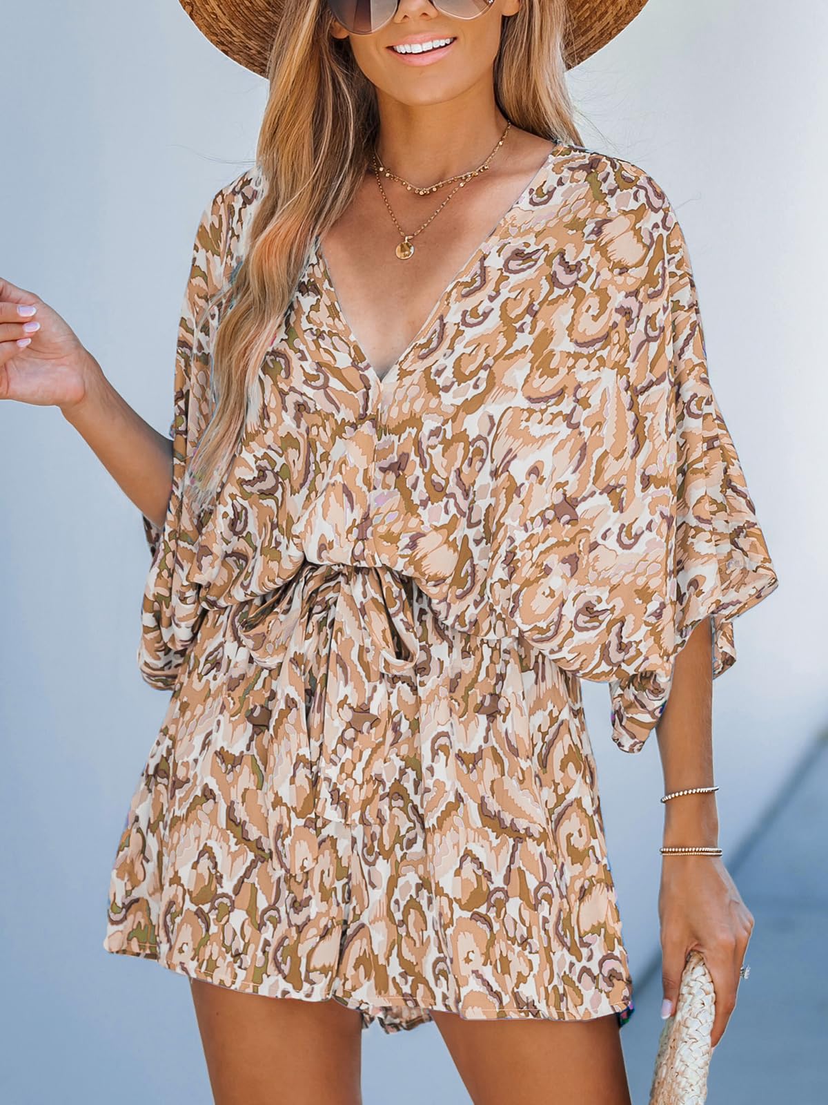 ✨Women's Lace Up Print Romper Short Sleeves Jumpsuits Wide leg Outfit