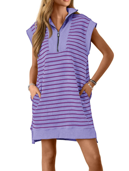 Limited time sale🔥Women's Striped Casual Zipper Cap Sleeve Mini Dress