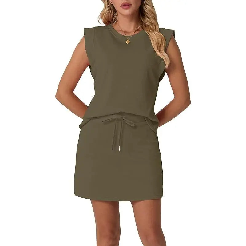 Limited time sale🔥Women's Summer 2 Piece Skort Set Cap Sleeve Round Neck Top