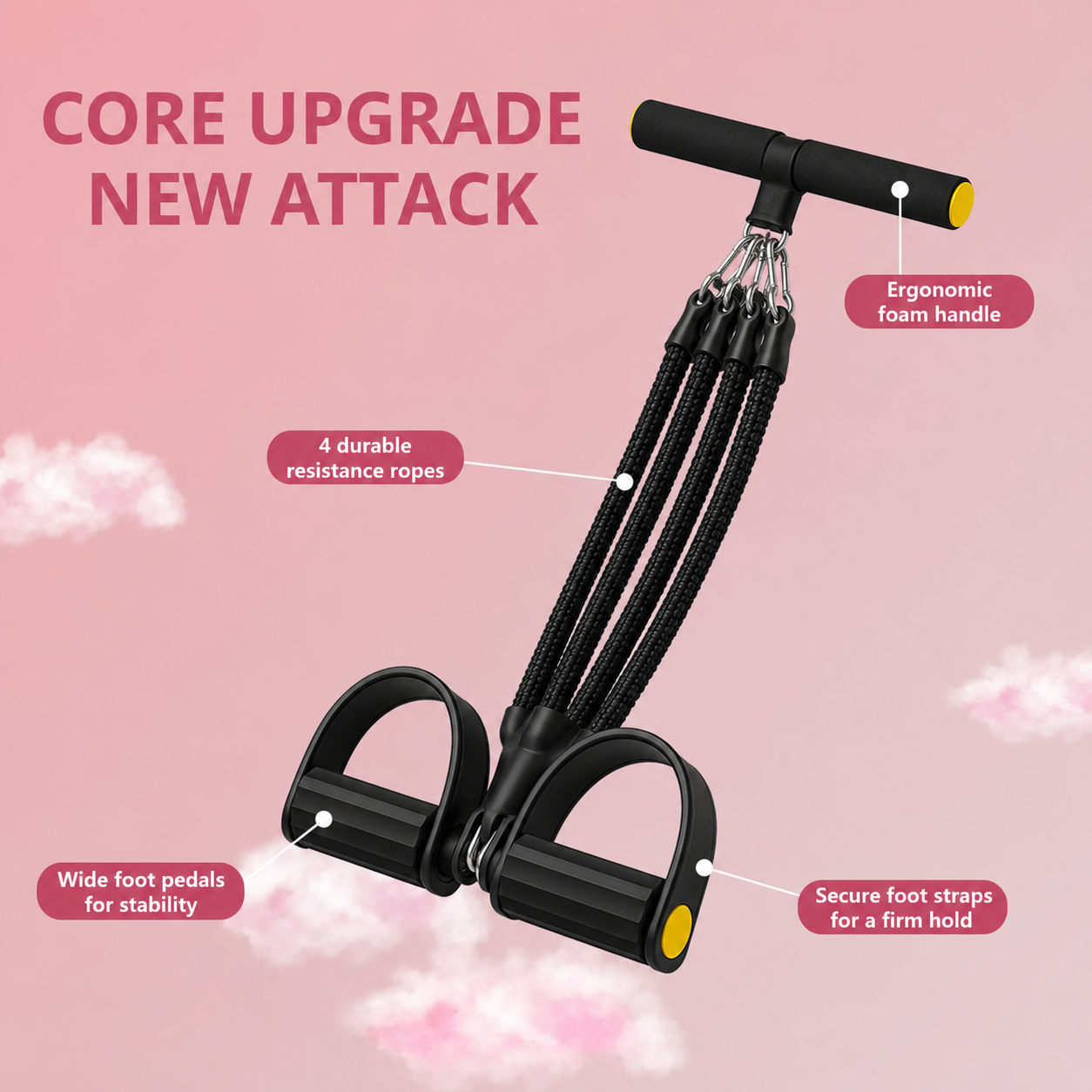 Upgrade Foot Pedal Resistance Bands with Handles, 4-Tube Adjustable Resistance, Portable Full-Body Workout Kit with Ankle Straps & Stirrup Puller for Abdomen, Waist, Arm, Core/ABS, Leg, Yoga, Sit-ups Training, Men Women Home Fitness