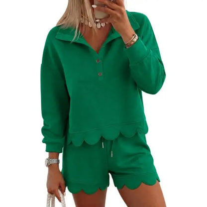 Women Scalloped Hem Half Button Polo Long Sleeve Top & Drawstring Shorts Two Piece Set