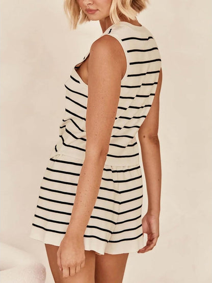 Women's Striped Knit V Neck Button Vest & Shorts 2 Piece Lounge Set
