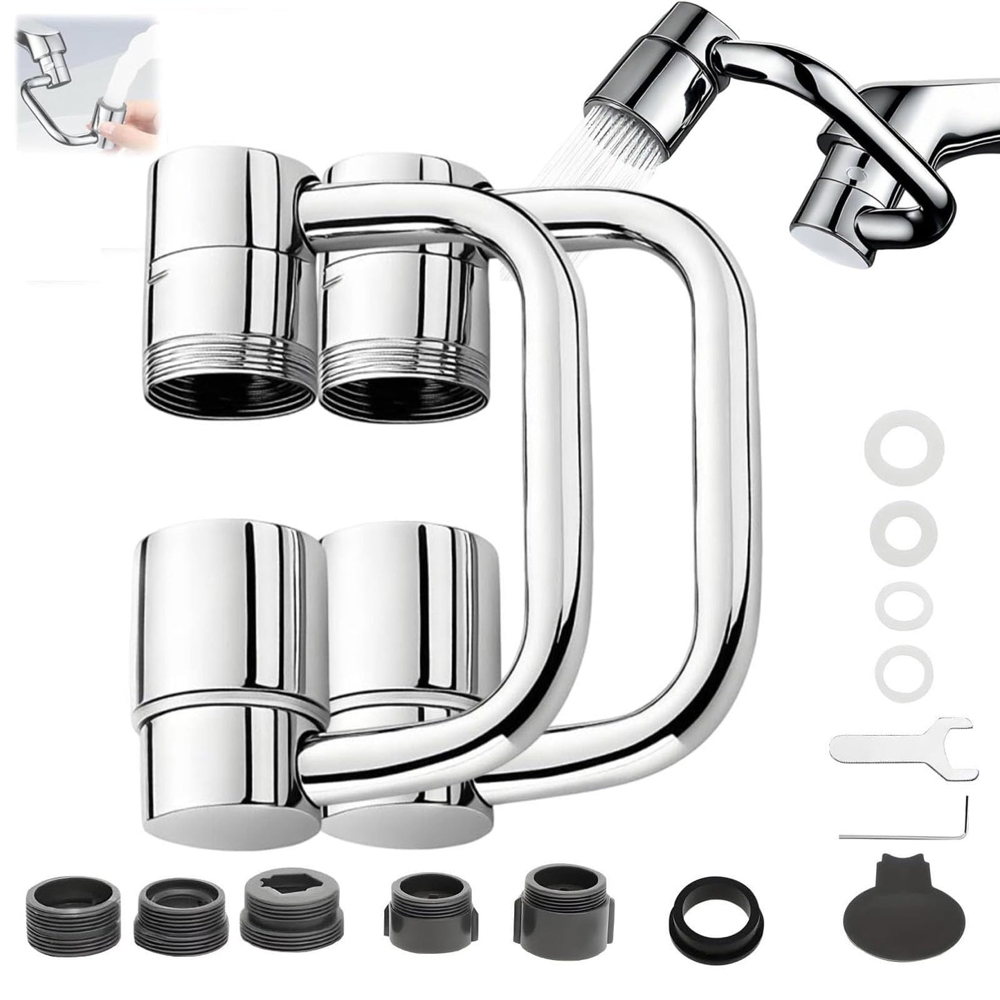 U Shape Faucet Extender - 360° Rotatable Universal Faucet Aerator Extension Attachment for Bathroom Sink & Kitchen Sink, Splash-Free Dual-Mode Flow, Easy Install with Adapters
