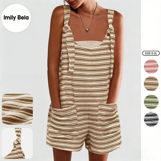 Summer Casual Sleeveless Striped Romper – Loose Overalls Jumpsuit with Pockets