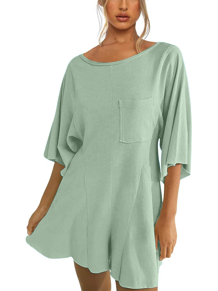 ⏰Hot Sale-Women's Short Sleeve Loose Ruffled Short Romper Dress with Pocket