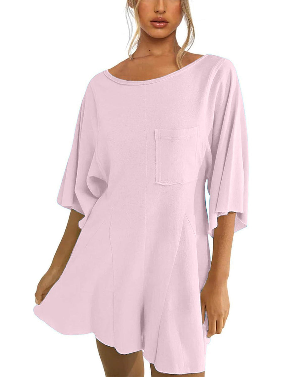 ⏰Hot Sale-Women's Short Sleeve Loose Ruffled Short Romper Dress with Pocket