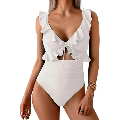 ⏰Hot Sale-Women Tummy Control Ruffle Bathing Suit V Neck Ruched Swim Suit