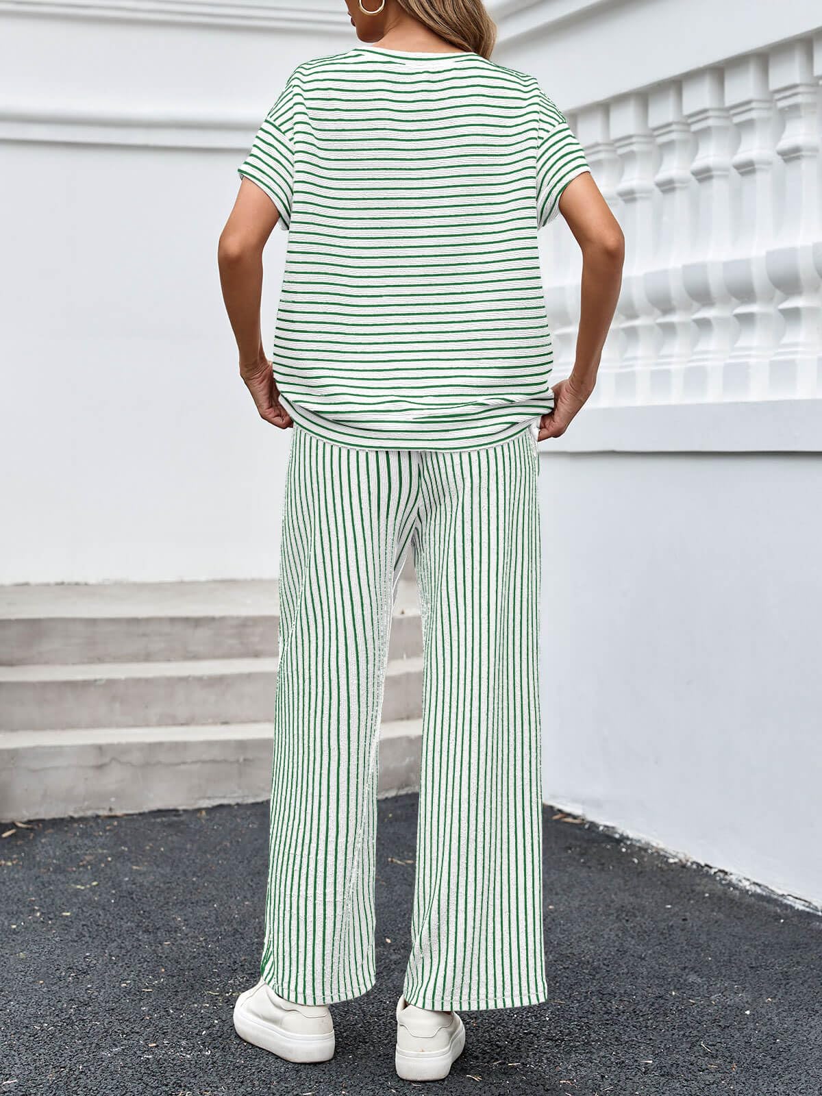 Womens Striped 2 Piece Sets Short Sleeve T Shirts Wide Leg Pants with Pockets