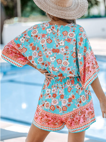 ✨Women's Lace Up Print Romper Short Sleeves Jumpsuits Wide leg Outfit
