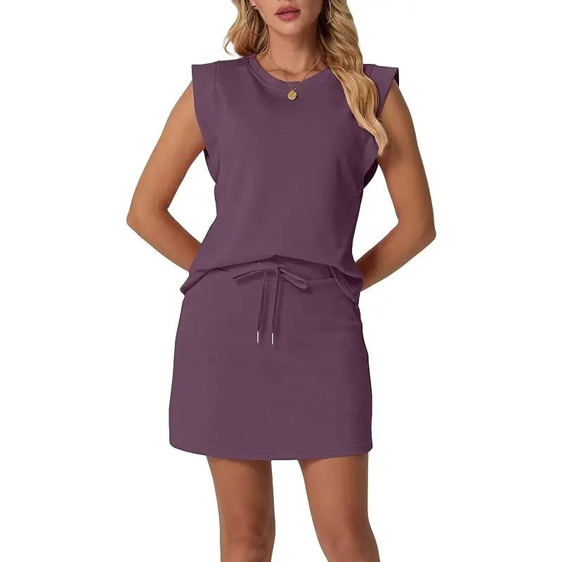 Limited time sale🔥Women's Summer 2 Piece Skort Set Cap Sleeve Round Neck Top