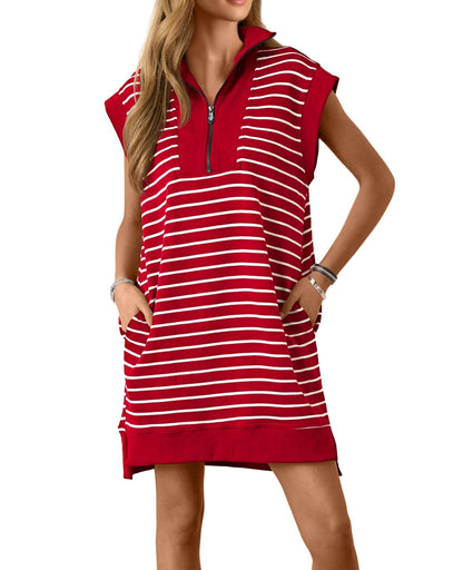 Limited time sale🔥Women's Striped Casual Zipper Cap Sleeve Mini Dress