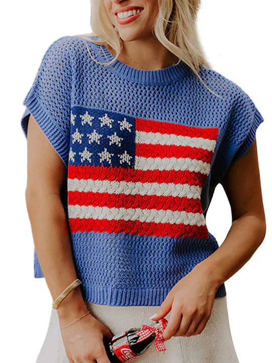 Limited time sale🔥Flag Graphic Short Sleeve Hollow Out Top