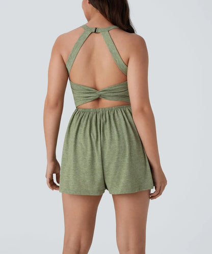⏰Hot Sale-Women's casual Backless Twisted Side Pocket 2-in-1 Resort Romper