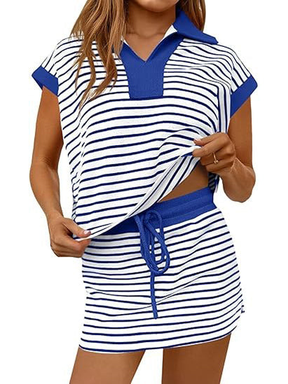 Women Color Block Collar V Neck Striped Short Sleeve Top & Drawstring High Waist Mini Skirt Summer Two Piece Set