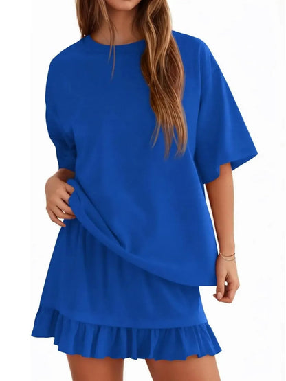 Women Solid 2 Piece Short Sleeve Top & Mini Skirt Set