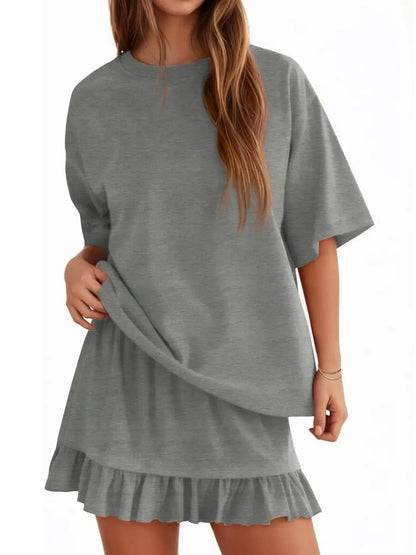 Women Solid 2 Piece Short Sleeve Top & Mini Skirt Set
