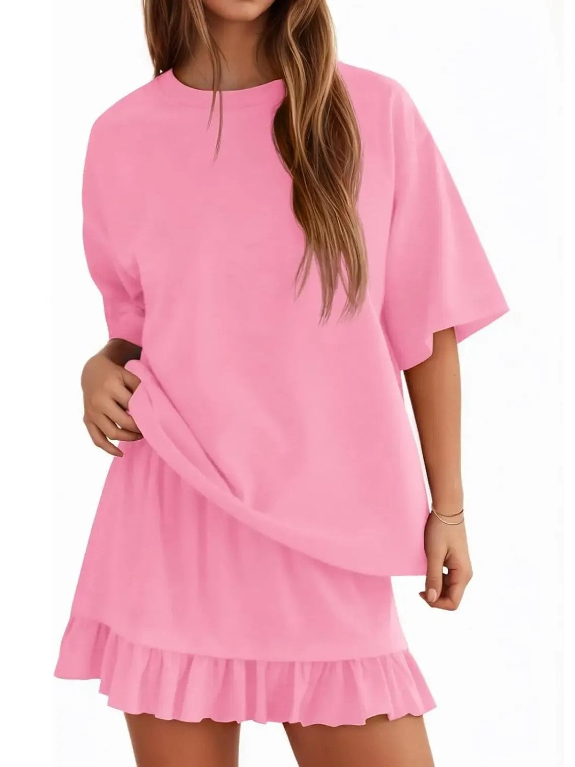 Women Solid 2 Piece Short Sleeve Top & Mini Skirt Set