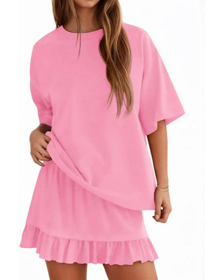 Women Solid 2 Piece Short Sleeve Top & Mini Skirt Set
